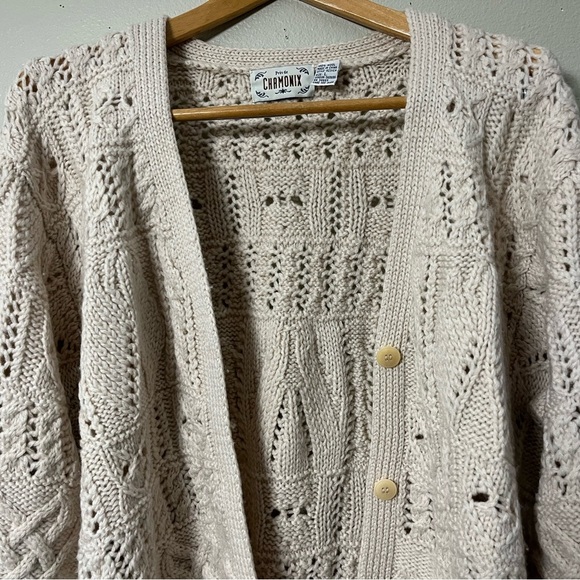3D Cable Knit Fisherman Chamonix Cardigan Sweater Women L Cream Wool Heavy Cozy - Picture 5 of 8